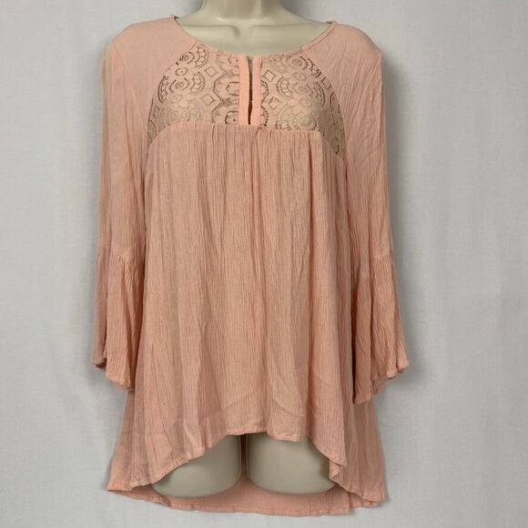 Bongo Top Womens Large Dusty Pink Babydoll Sheer Lace Gauzy Bell Sleeve Boho - Picture 2 of 14